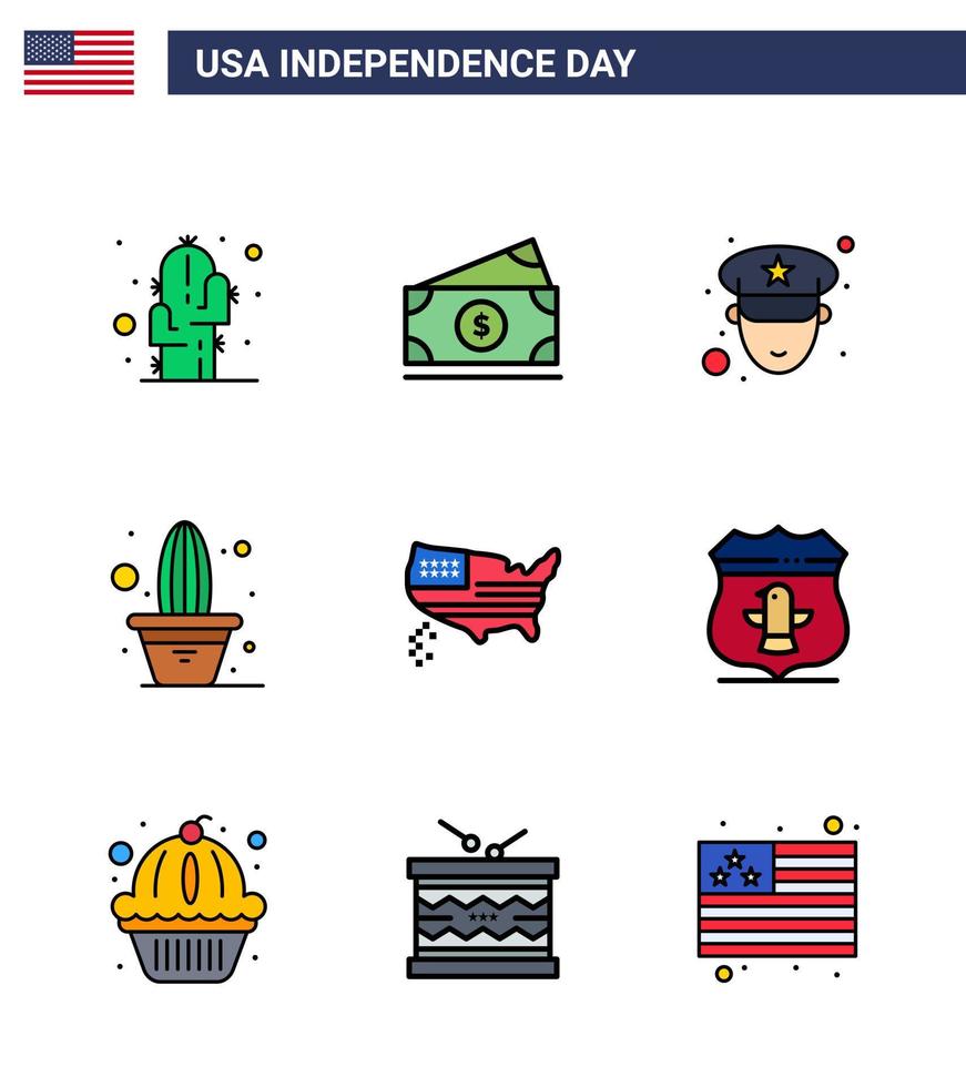 9 usa plat rempli ligne pack de signes et symboles de la fête de l'indépendance de thanksgiving homme américain pot fleur modifiable usa day vector design elements