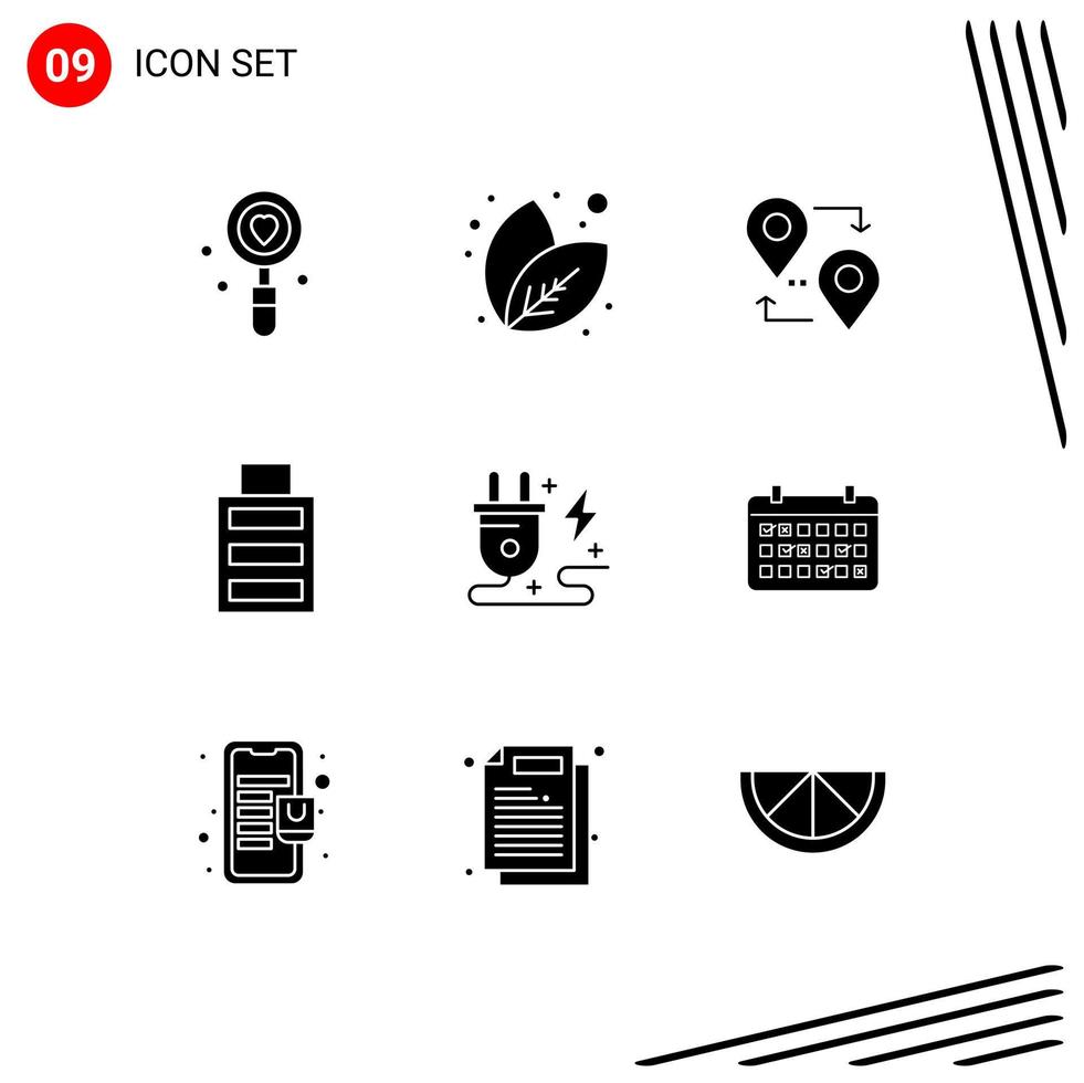 pack de 9 signes et symboles de glyphes solides modernes pour les supports d'impression Web tels que l'emplacement de l'énergie électrique éléments de conception vectoriels modifiables par batterie simple vecteur