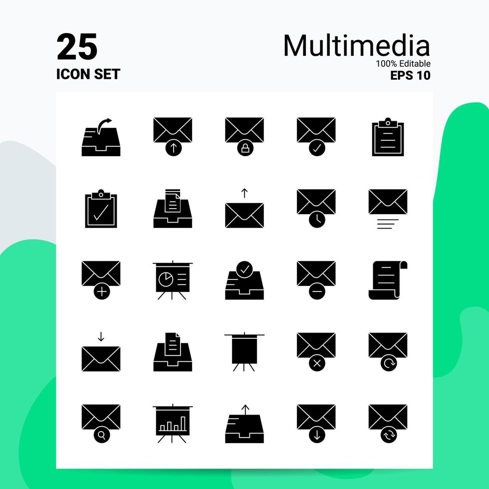 25 jeu d'icônes multimédia 100 fichiers eps modifiables 10 idées de concept de logo d'entreprise conception d'icône de glyphe solide vecteur