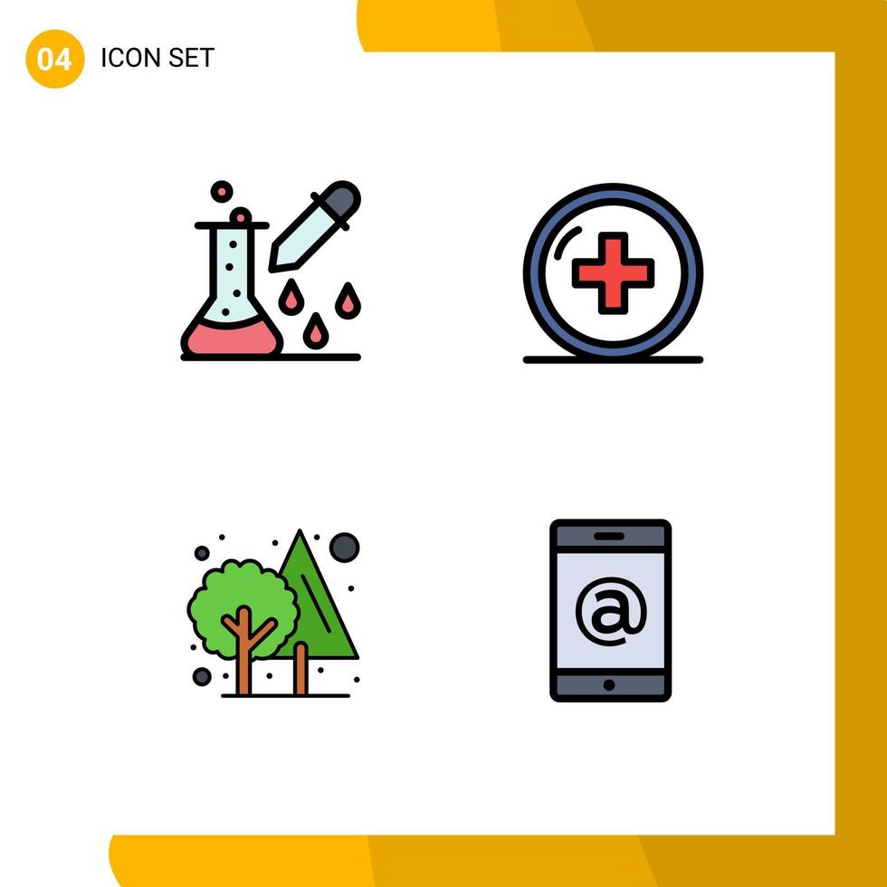 groupe de 4 couleurs plates remplies signes et symboles pour traitement de test chimique pipette compte-gouttes hôpital jungle éléments de conception vectoriels modifiables vecteur