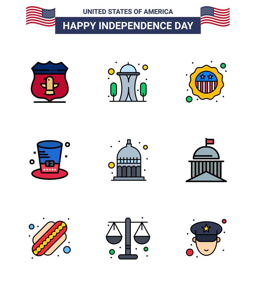 joyeux jour de l'indépendance pack de 9 signes et symboles de lignes remplies à plat pour indianapolis usa american presidents day modifiable usa day vector design elements