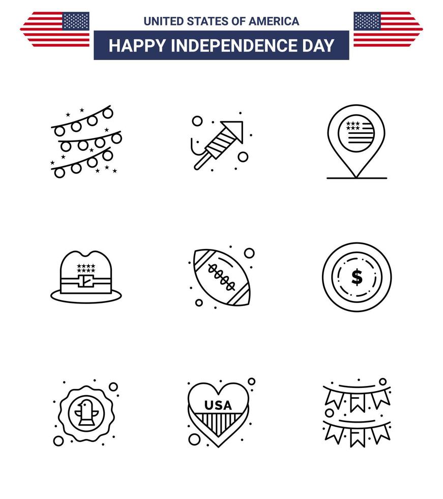 4 juillet usa joyeux jour de l'indépendance icône symboles groupe de 9 lignes modernes de balle américaine rugby emplacement casquette modifiable usa day vector design elements