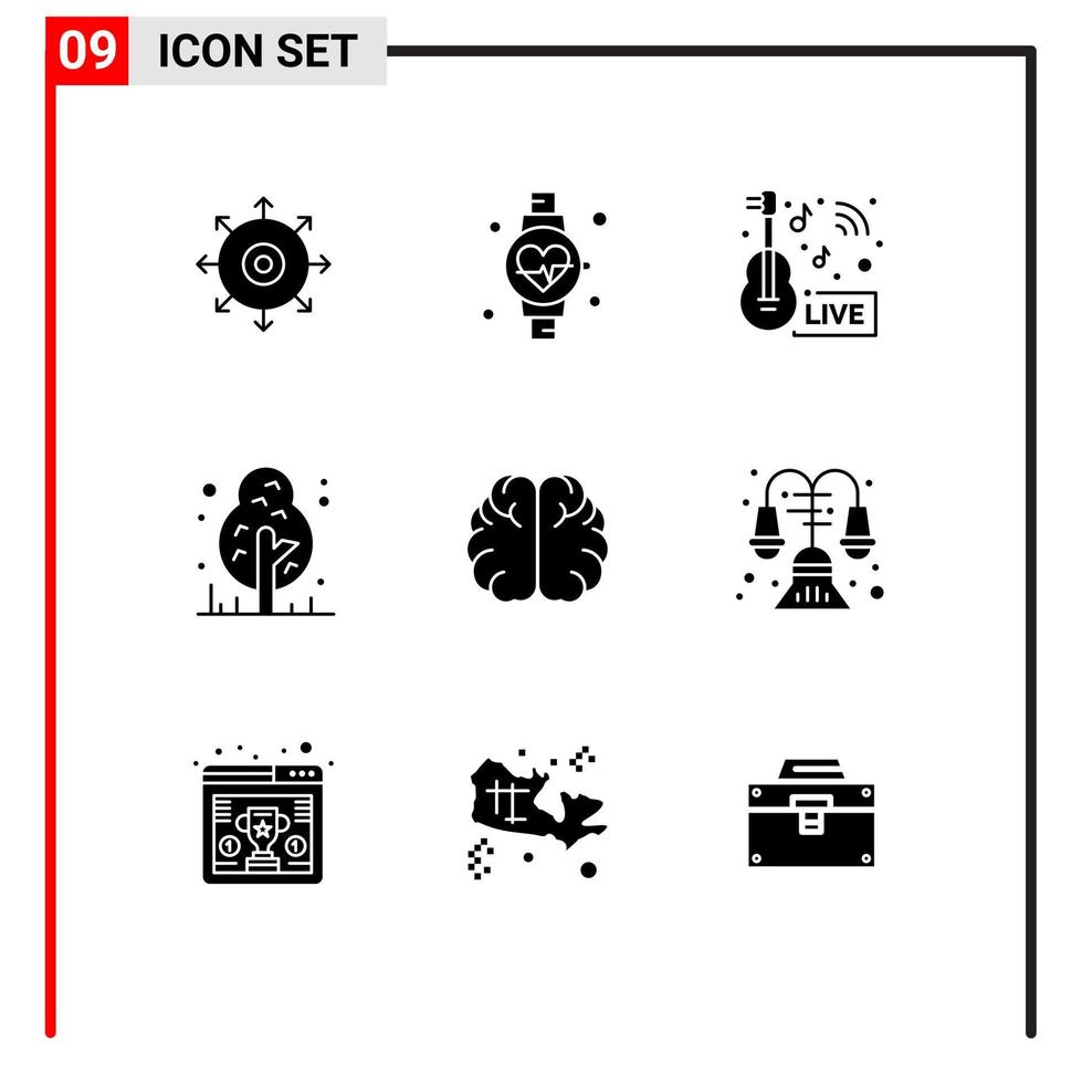 9 glyphes solides vectoriels thématiques et symboles modifiables de l'éducation arbre divertissement jungle camping éléments de conception vectoriels modifiables vecteur