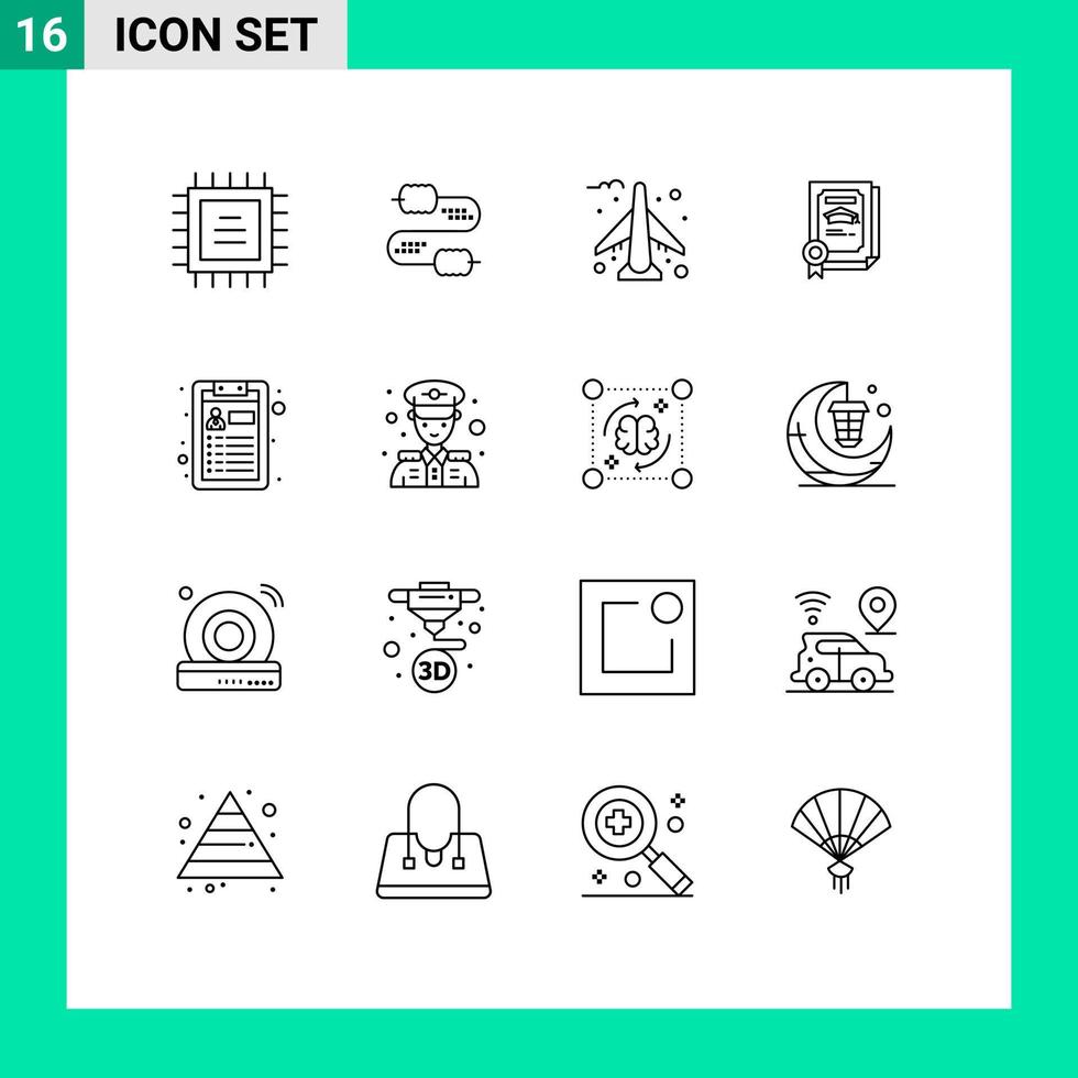 pack de 16 signes et symboles de contours modernes pour les supports d'impression Web tels que les éléments de conception vectoriels modifiables de certificat de cv d'aéroport de travail de police vecteur