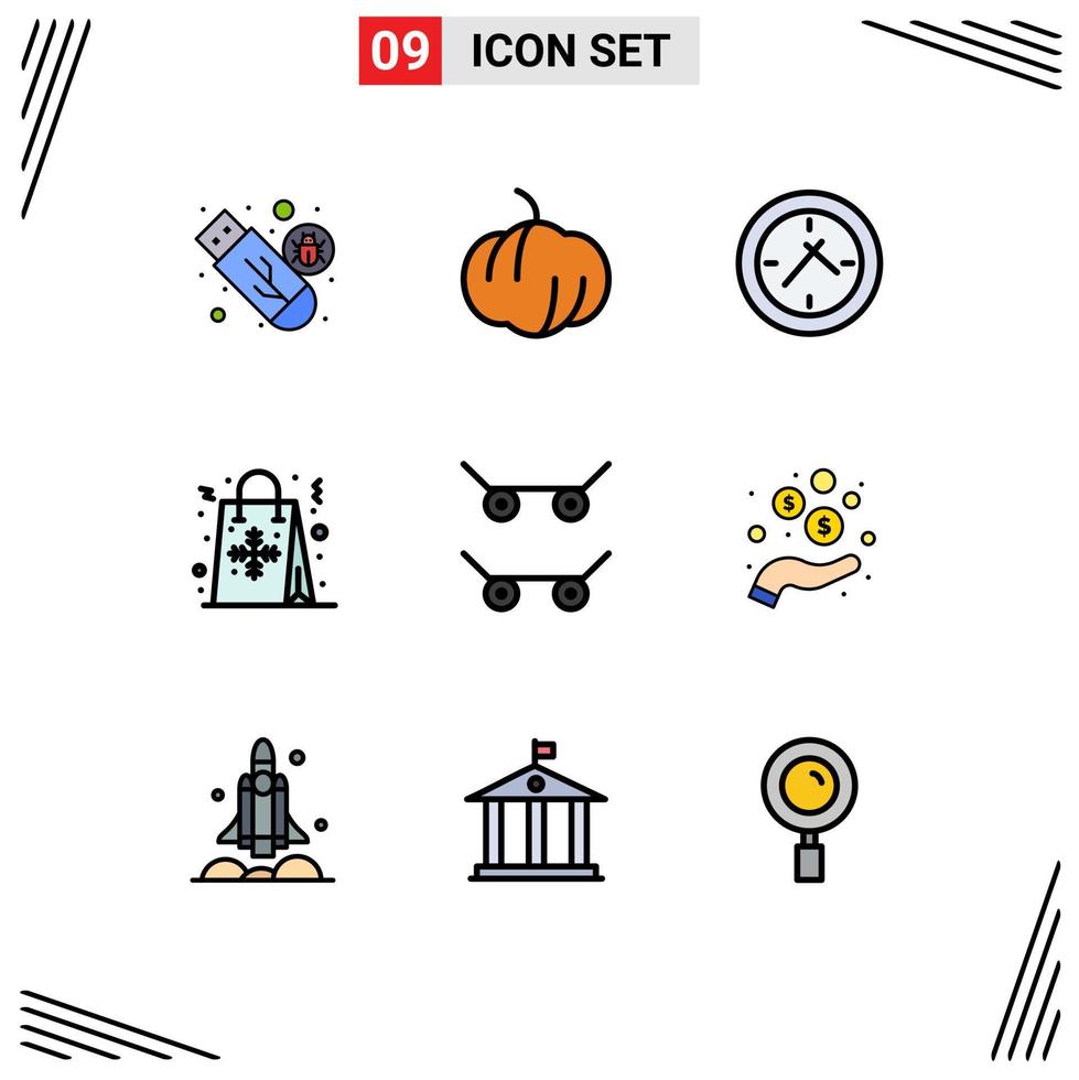 interface mobile filledline couleur plate ensemble de 9 pictogrammes d'éléments de conception vectoriels modifiables de flocon de neige de temps de planche à roulettes à la main vecteur