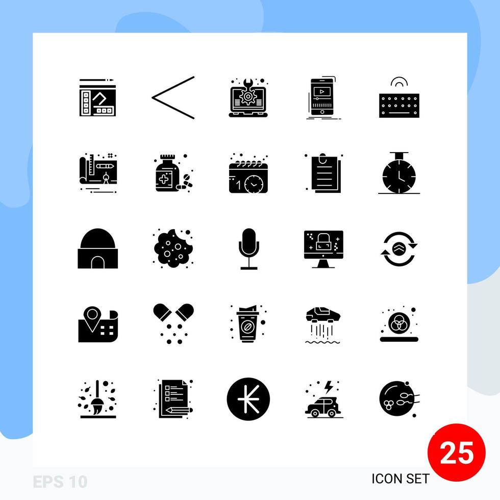 25 concept de glyphe solide pour les sites Web mobiles et les applications matériel de conception vidéo lecteur multimédia éléments de conception vectoriels modifiables vecteur