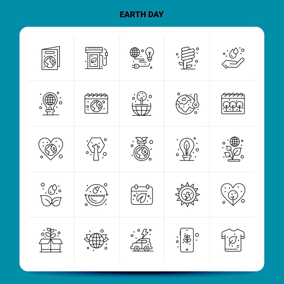 contour 25 jeu d'icônes du jour de la terre. ensemble d'icônes noires de conception de style de ligne vectorielle. pack de pictogrammes linéaires. illustration vectorielle de conception d'idées d'affaires web et mobiles. vecteur