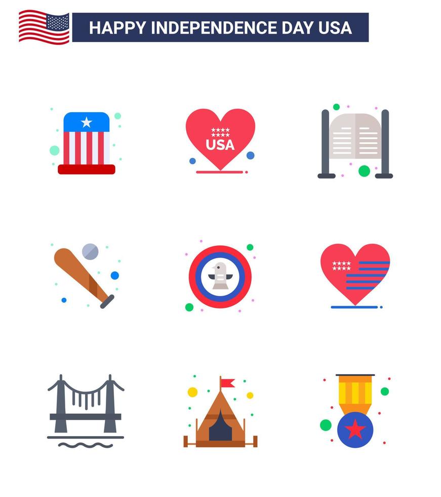 usa joyeux jour de l'indépendance ensemble de pictogrammes de 9 appartements simples des états-unis bat bar baseball entrée modifiable usa day vector design elements