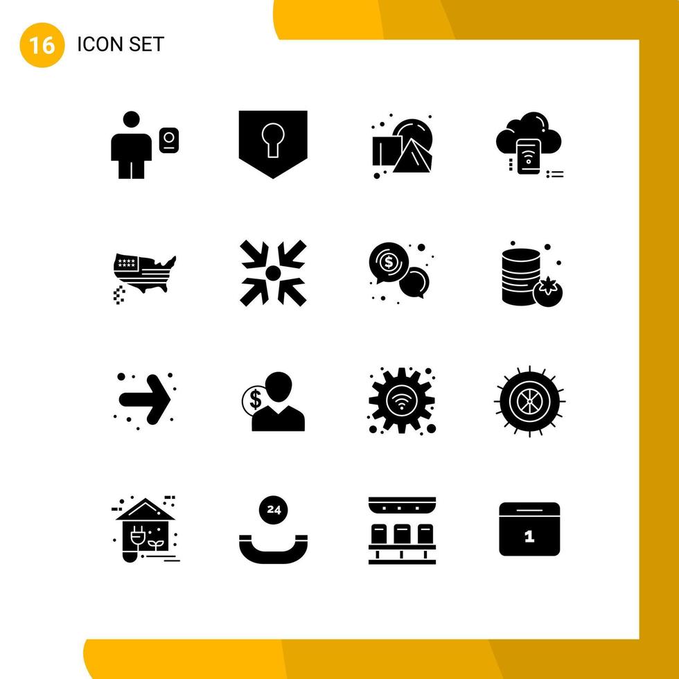 ensemble moderne de 16 pictogrammes de glyphes solides de carrés mobiles de bouclier de nuage connectés éléments de conception vectoriels modifiables vecteur