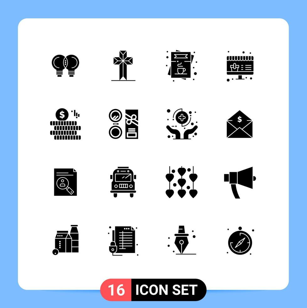 16 concept de glyphe solide pour les sites Web mobiles et les applications coin shopping café vente commande éléments de conception vectoriels modifiables vecteur