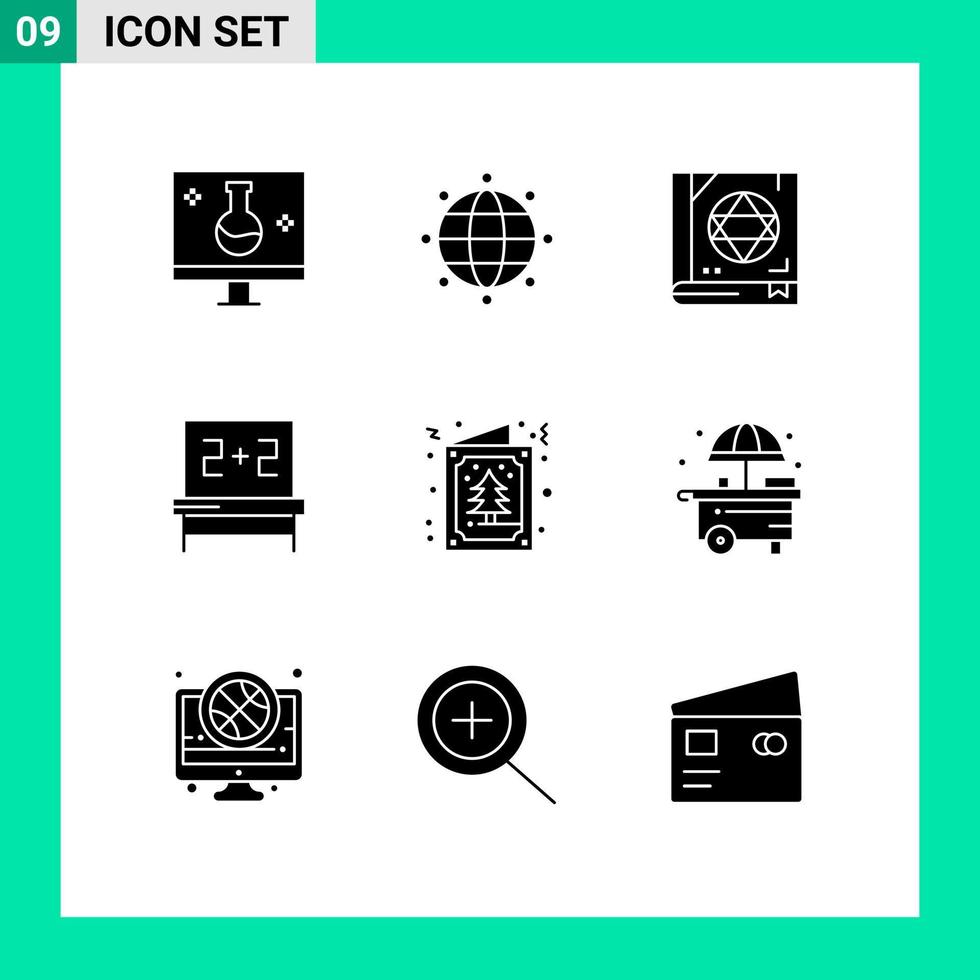ensemble moderne de 9 pictogrammes de glyphes solides d'études de livre d'arbre de noël éléments de conception vectoriels modifiables au tableau noir vecteur