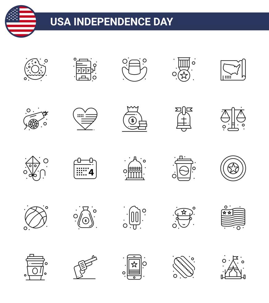 25 usa line pack de signes et symboles de la fête de l'indépendance de la carte unie insigne militaire américain modifiable usa day vector design elements