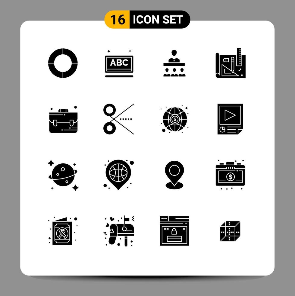 pack de 16 signes et symboles de glyphes solides modernes pour les supports d'impression Web tels que le dessin au crayon de l'équipe de sac d'école éléments de conception vectoriels modifiables vecteur