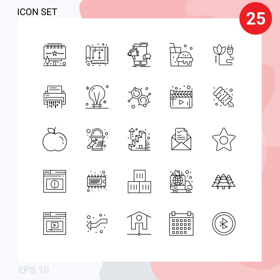 ensemble de 25 symboles d'icônes d'interface utilisateur modernes signes pour la biomasse restauration rapide intérieur boisson mégaphone éléments de conception vectoriels modifiables vecteur