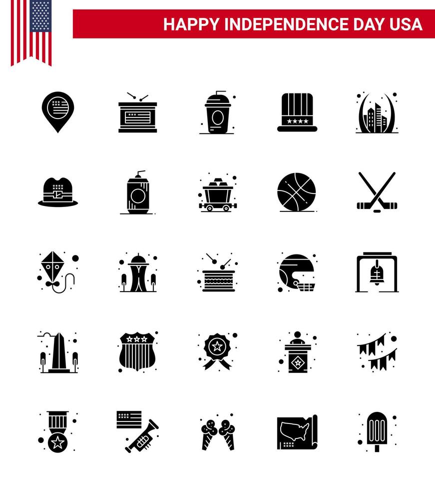 ensemble de 25 icônes de la journée des états-unis symboles américains signes de la fête de l'indépendance pour l'arc chapeau de gâteau américain independece éléments de conception vectoriels de la journée des états-unis modifiables vecteur
