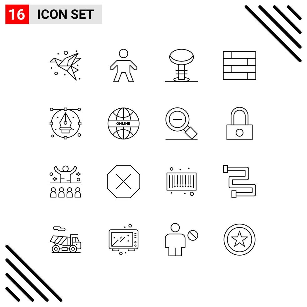 ensemble de 16 symboles d'icônes d'interface utilisateur modernes signes pour dessiner des éléments de conception vectoriels modifiables de tampon de verrouillage de mur de barre d'art vecteur