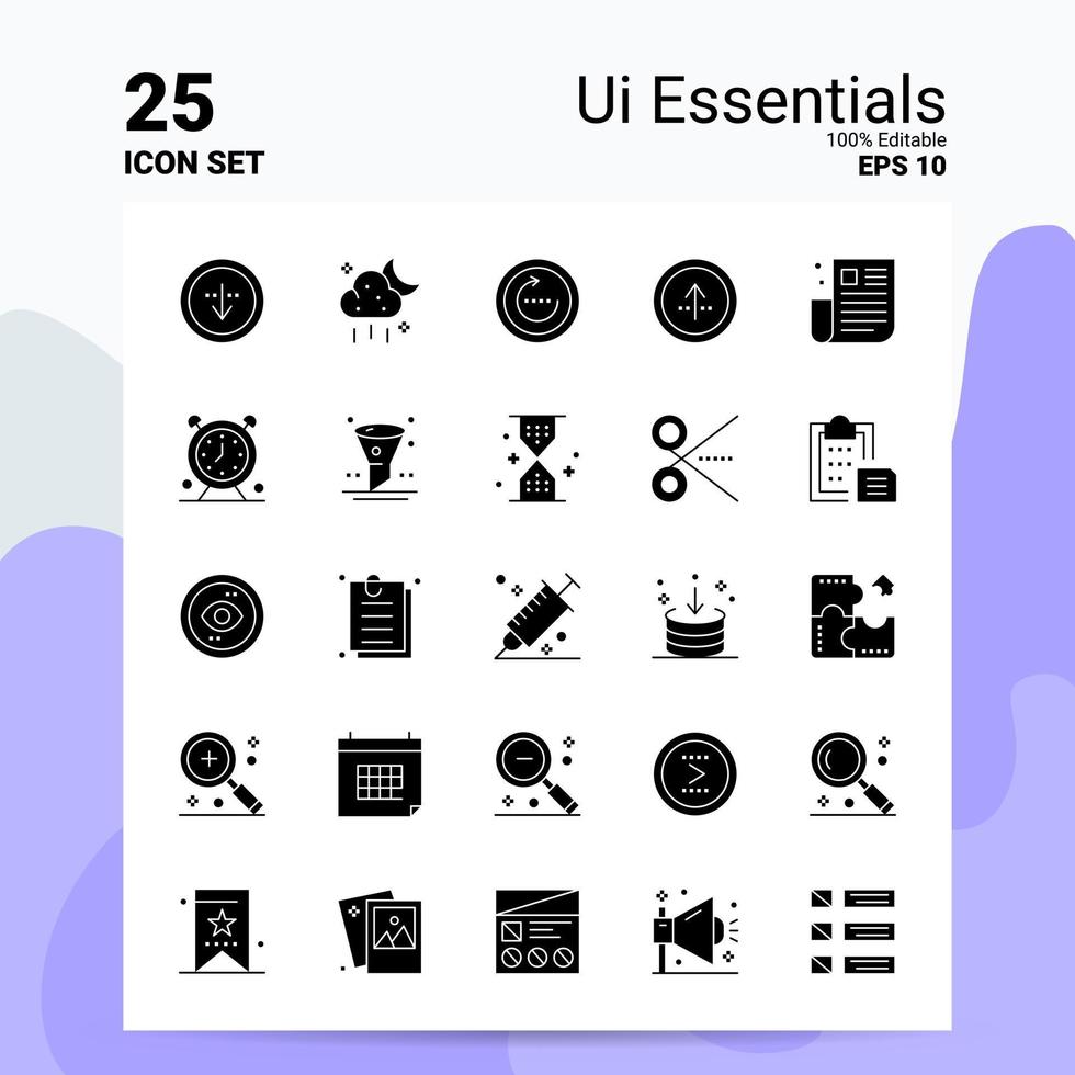 25 ui essentials icon set 100 eps modifiables 10 fichiers idées de concept de logo d'entreprise conception d'icône de glyphe solide vecteur