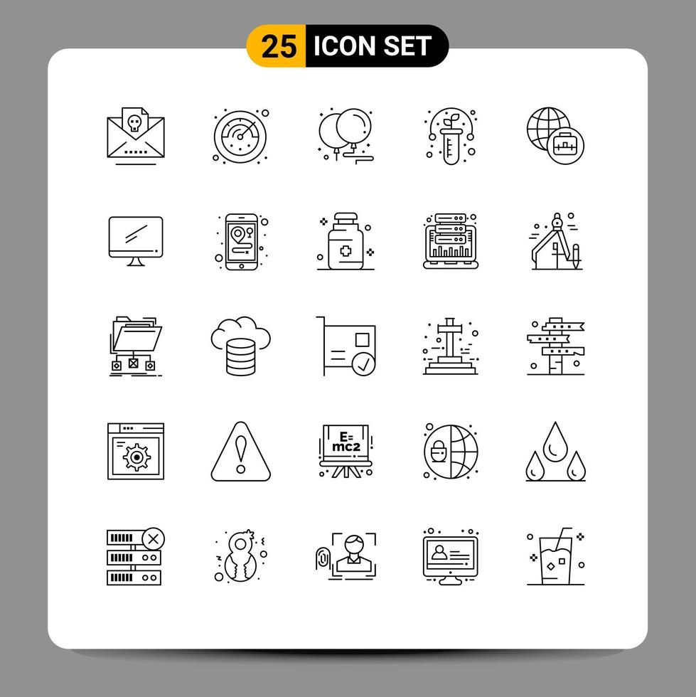 ensemble moderne de 25 lignes de pictogrammes d'éléments de conception vectoriels modifiables de plante de tube d'anniversaire d'entreprise internationale de moniteur vecteur