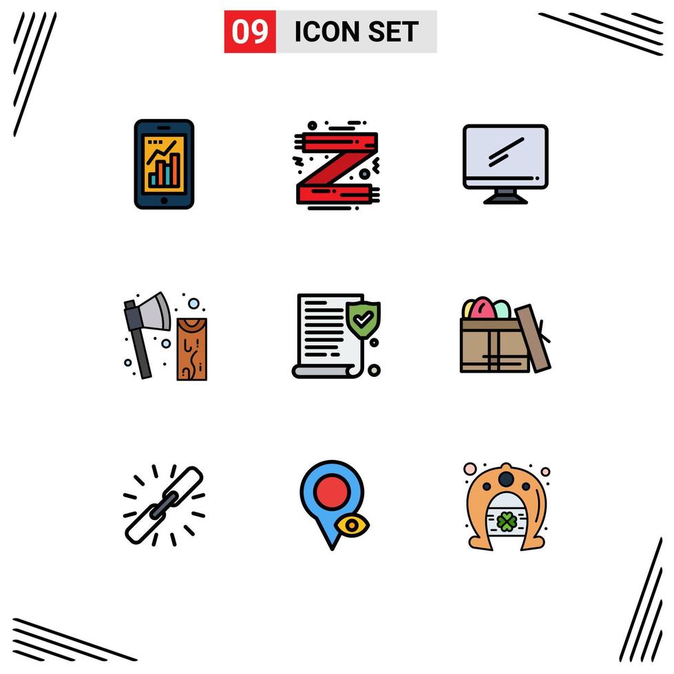 interface mobile filledline couleur plate ensemble de 9 pictogrammes d'éléments de conception vectoriels modifiables de dispositif pc de mode de hache de coupe vecteur