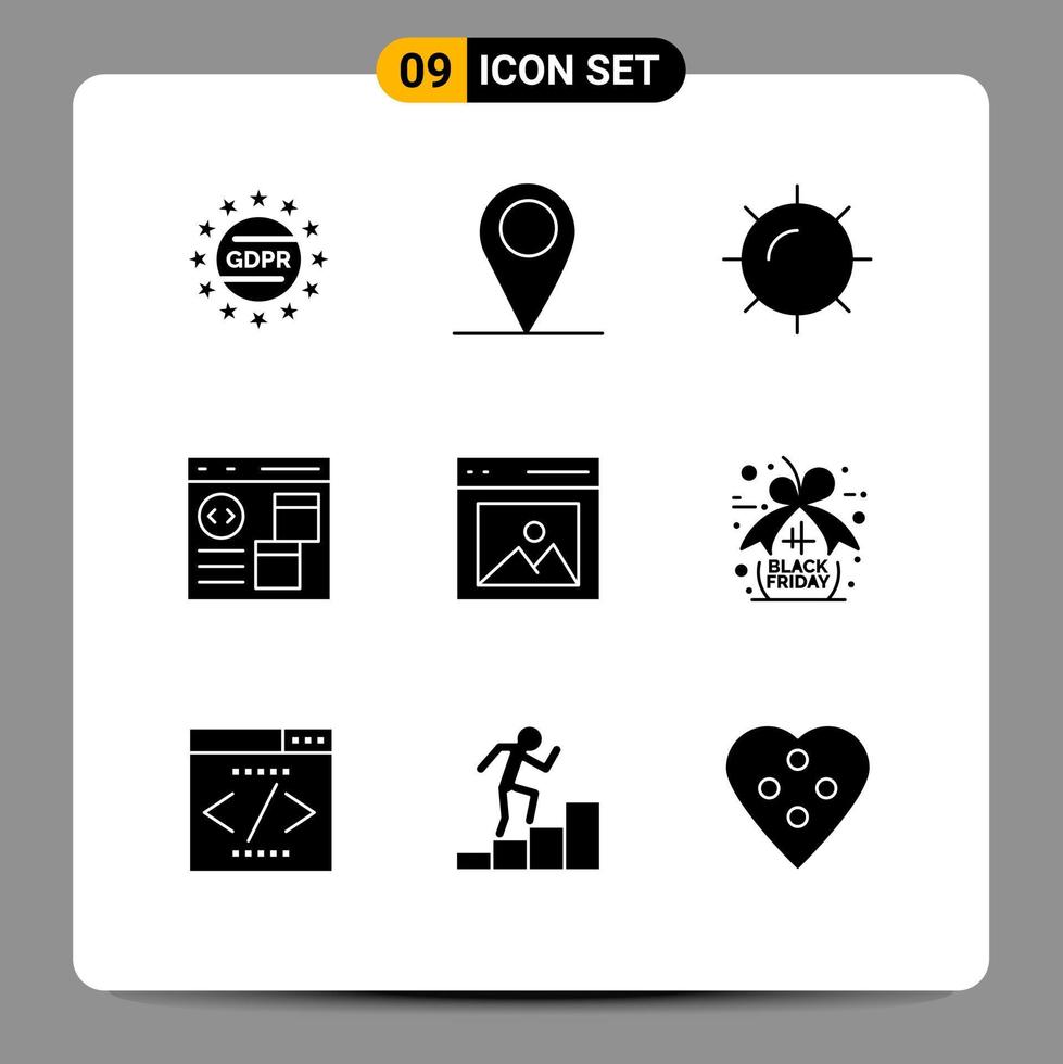 interface mobile glyphe solide ensemble de 9 pictogrammes d'interface communication développement du soleil codage éléments de conception vectoriels modifiables vecteur