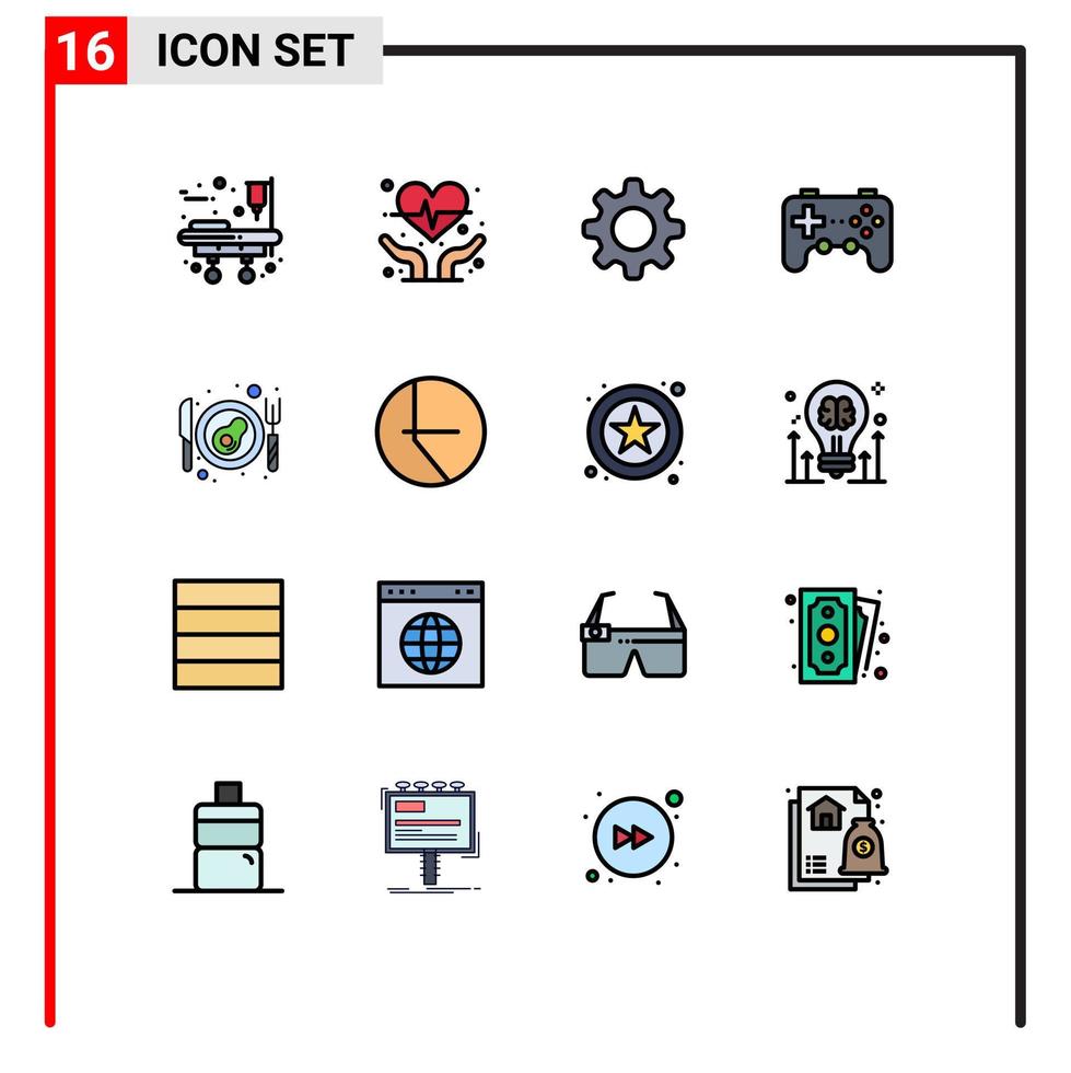 pictogramme ensemble de 16 lignes simples remplies de couleur plate de finance oeuf engrenage petit déjeuner joystick éléments de conception vectoriels créatifs modifiables vecteur