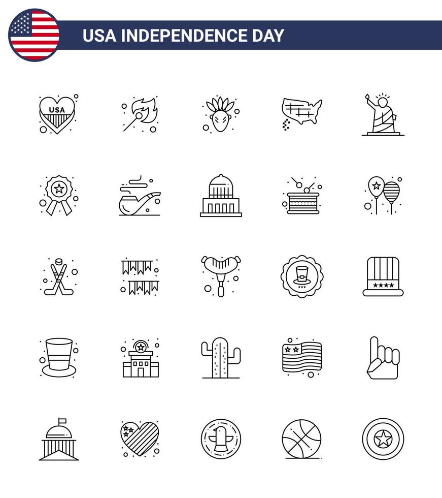 ensemble moderne de 25 lignes et symboles le jour de l'indépendance des états-unis, tels que des points de repère états-unis américains modifiables éléments de conception vectorielle de la journée des états-unis vecteur