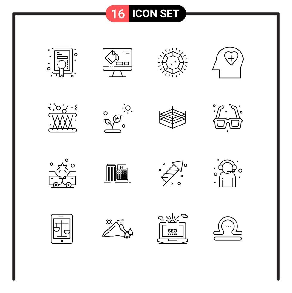 interface utilisateur pack de 16 contours de base d'éléments de conception vectoriels modifiables d'émotion d'amour de diamant de tambour multimédia vecteur