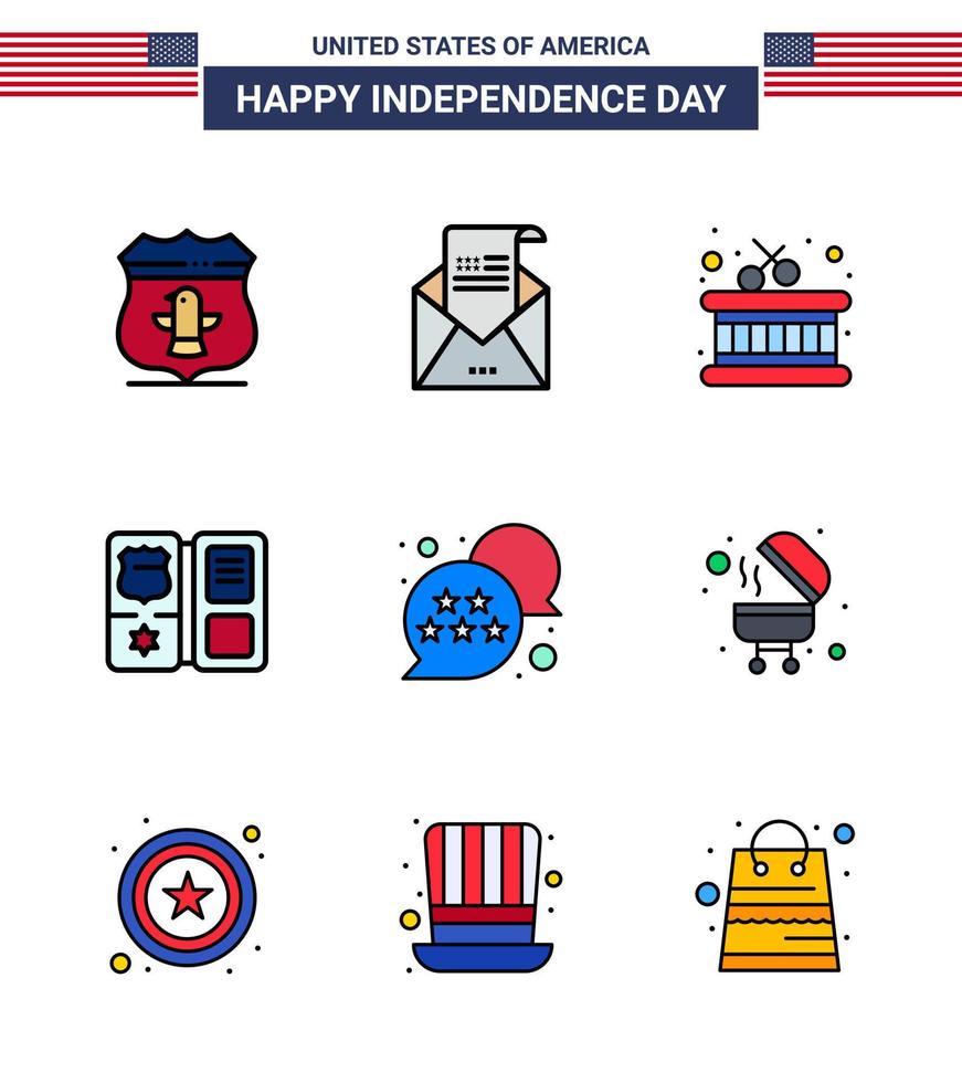 joyeux jour de l'indépendance usa pack de 9 lignes créatives remplies à plat d'usa star mail livre américain modifiable usa day vector design elements