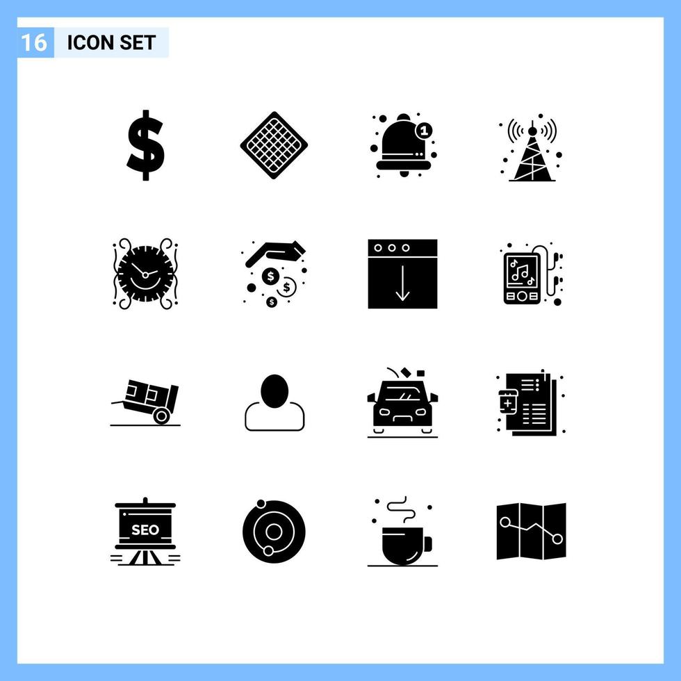 groupe de 16 glyphes solides modernes pour décorer les éléments de conception vectoriels modifiables de la radio-réveil vecteur