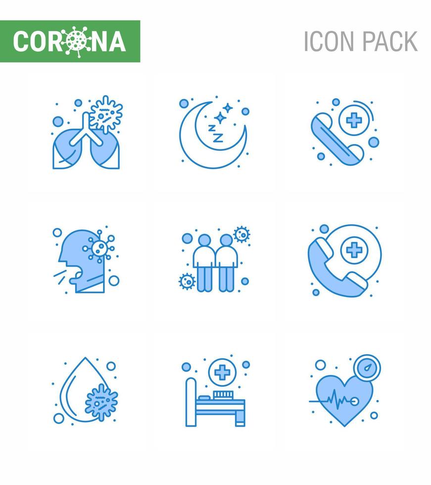 9 ensemble bleu d'icônes épidémiques de virus corona telles que les gens de coronavirus appellent l'homme toux coronavirus viral 2019nov éléments de conception de vecteur de maladie