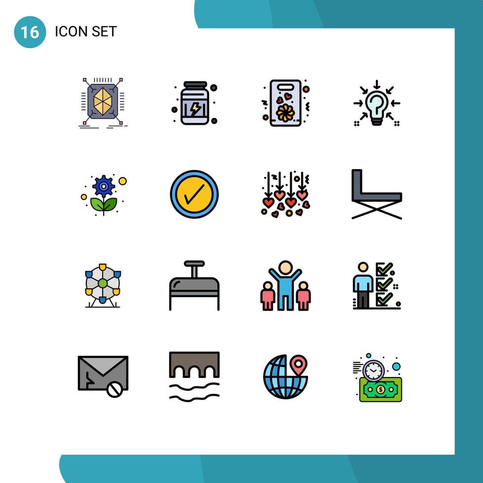 interface mobile ligne remplie de couleurs plates ensemble de 16 pictogrammes de solution de recyclage fleur idée ampoule modifiable éléments de conception de vecteur créatif