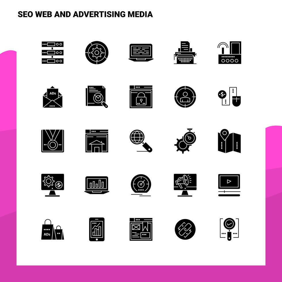 25 seo web et médias publicitaires jeu d'icônes glyphe solide icône illustration vectorielle modèle pour les idées web et mobiles pour entreprise commerciale vecteur