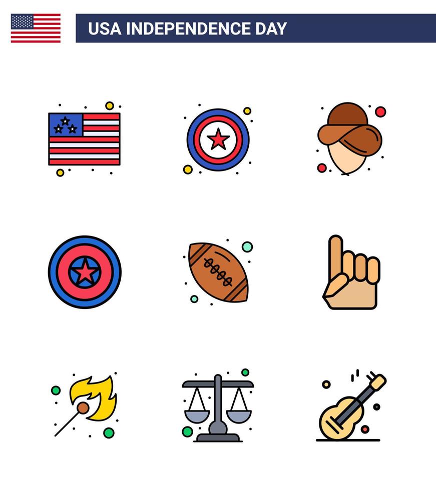 joyeux jour de l'indépendance 4 juillet ensemble de 9 lignes remplies à plat pictogramme américain de chapeau de sport à la main en mousse médaille de rugby éléments de conception vectoriels modifiables usa day vecteur