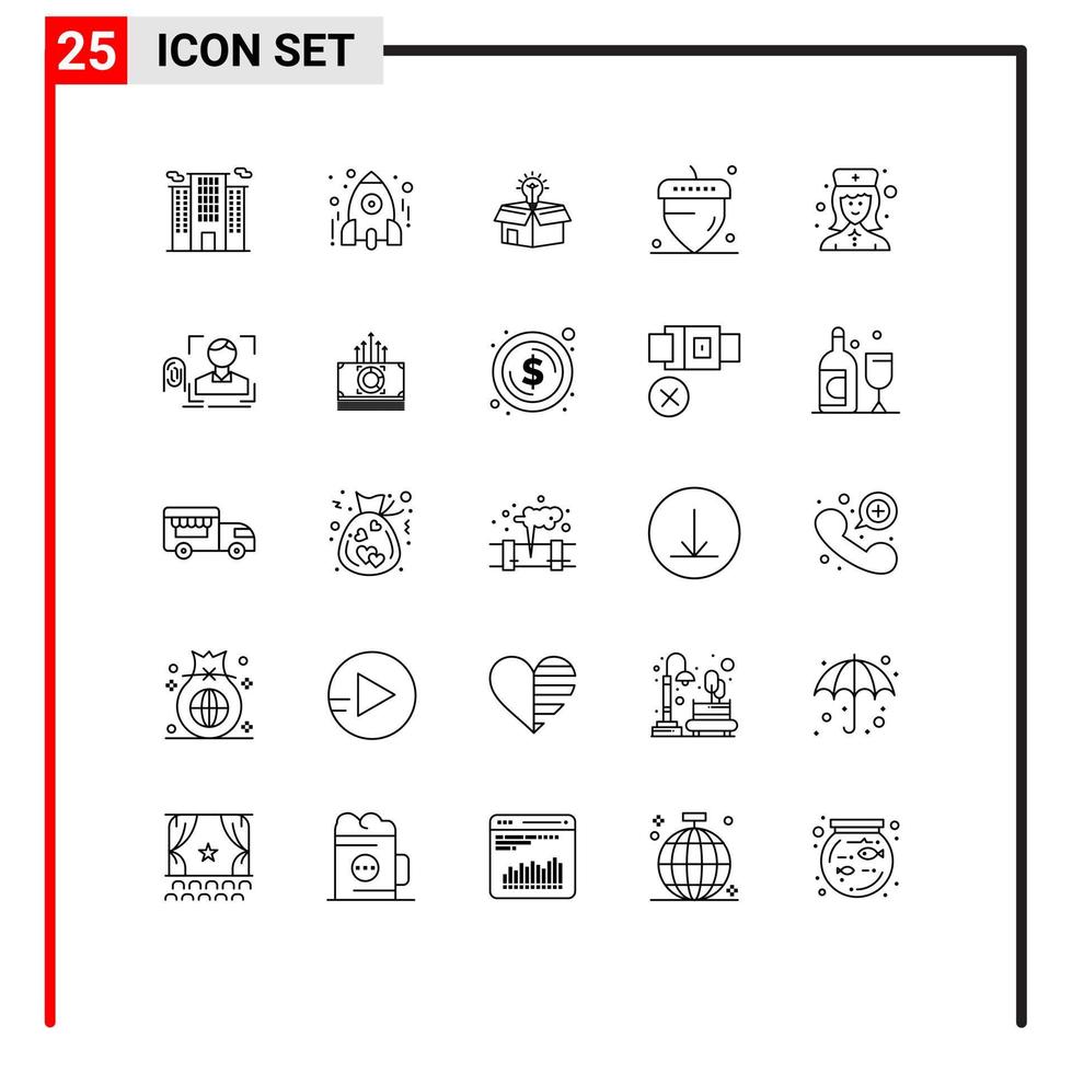 ensemble de 25 lignes vectorielles sur la grille pour l'étude des noix de chêne de l'infirmière féminine solution de gland éléments de conception vectoriels modifiables vecteur