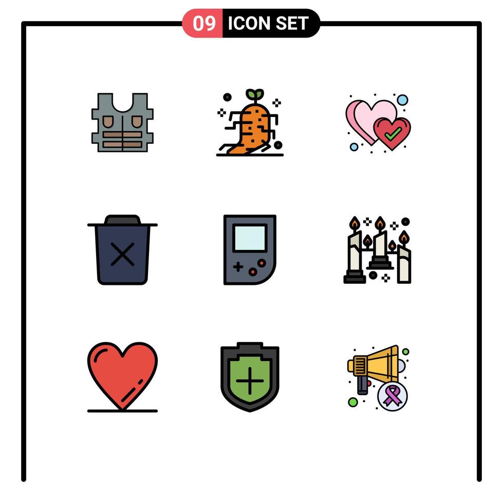groupe de 9 signes et symboles de couleurs plates remplies pour la corbeille du cœur de la console gameboy supprimer les éléments de conception vectoriels modifiables vecteur