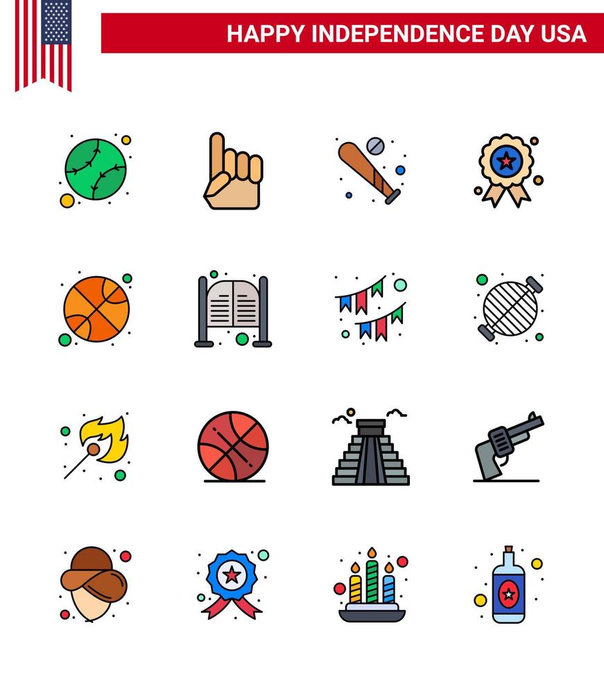 joyeux jour de l'indépendance 16 lignes remplies à plat pack d'icônes pour le web et l'impression ballon de basket-ball le jour de l'indépendance independece usa éléments de conception vectoriels modifiables usa day vecteur