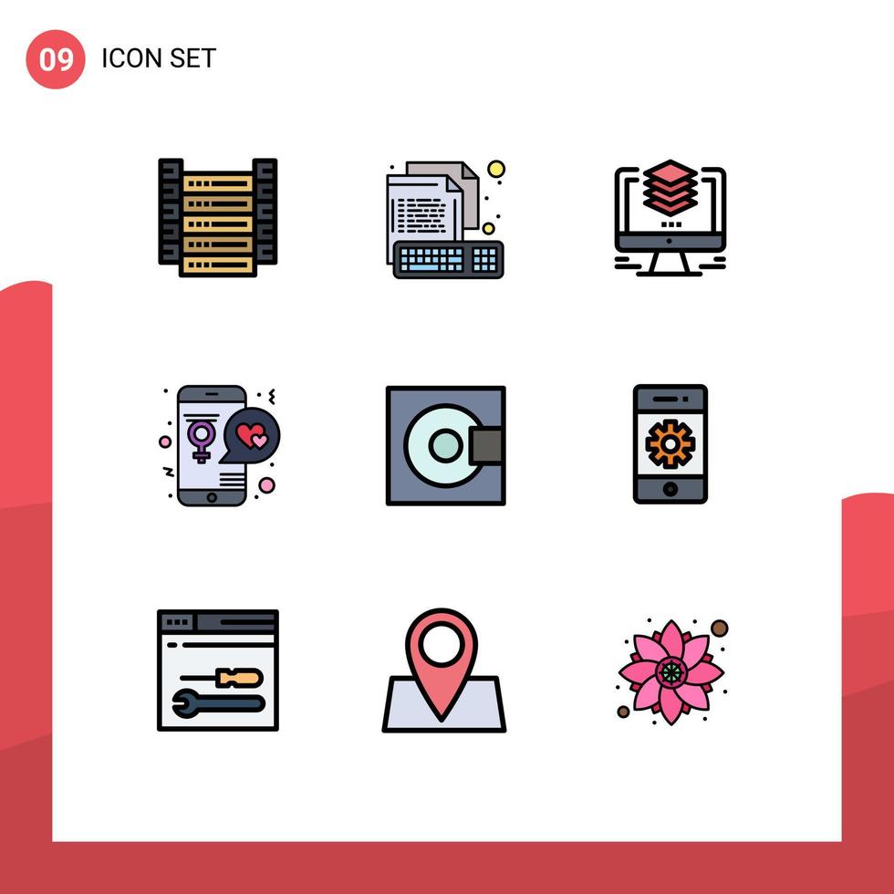 ensemble moderne de 9 couleurs et symboles plats remplis tels que les éléments de conception vectoriels modifiables par ordinateur de l'application de fichier amoureux vecteur