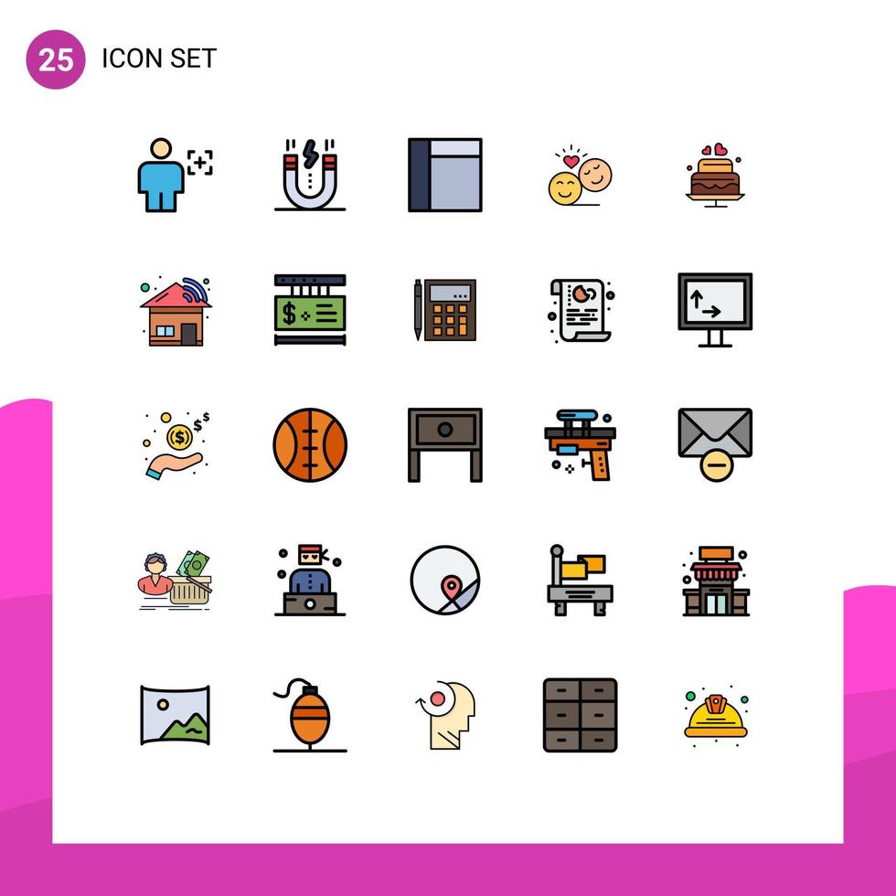 groupe de 25 signes et symboles de couleurs plates à lignes remplies pour gâteau emoji aimant smiley faces couple éléments de conception vectoriels modifiables vecteur