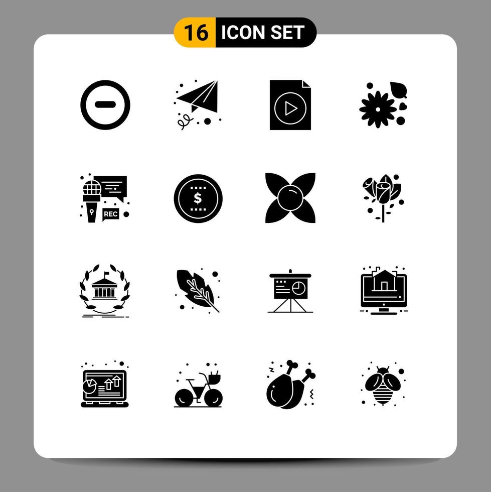 16 glyphes solides universels définis pour les applications web et mobiles enregistrement d'entreprise microphone vidéo nature éléments de conception vectoriels modifiables vecteur