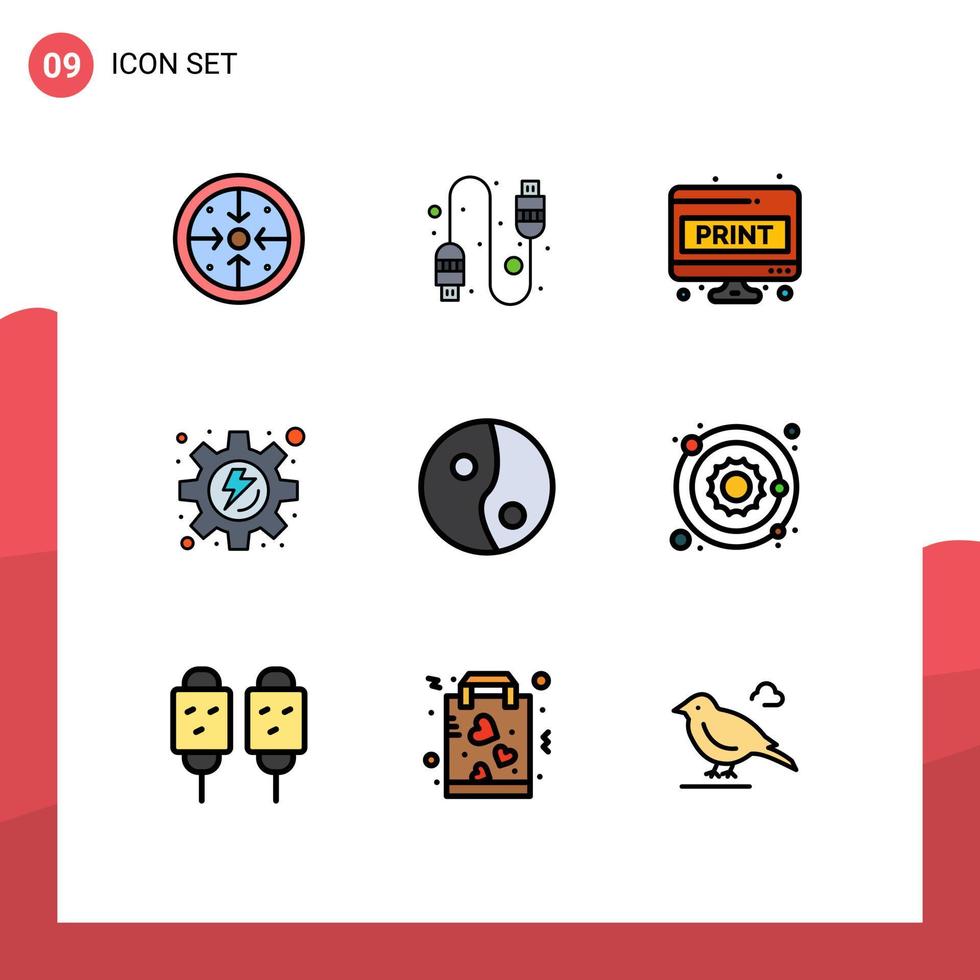 interface mobile ligne remplie couleur plate ensemble de 9 pictogrammes de processus yin page d'écran d'engrenage de feuille d'ordinateur éléments de conception vectoriels modifiables vecteur