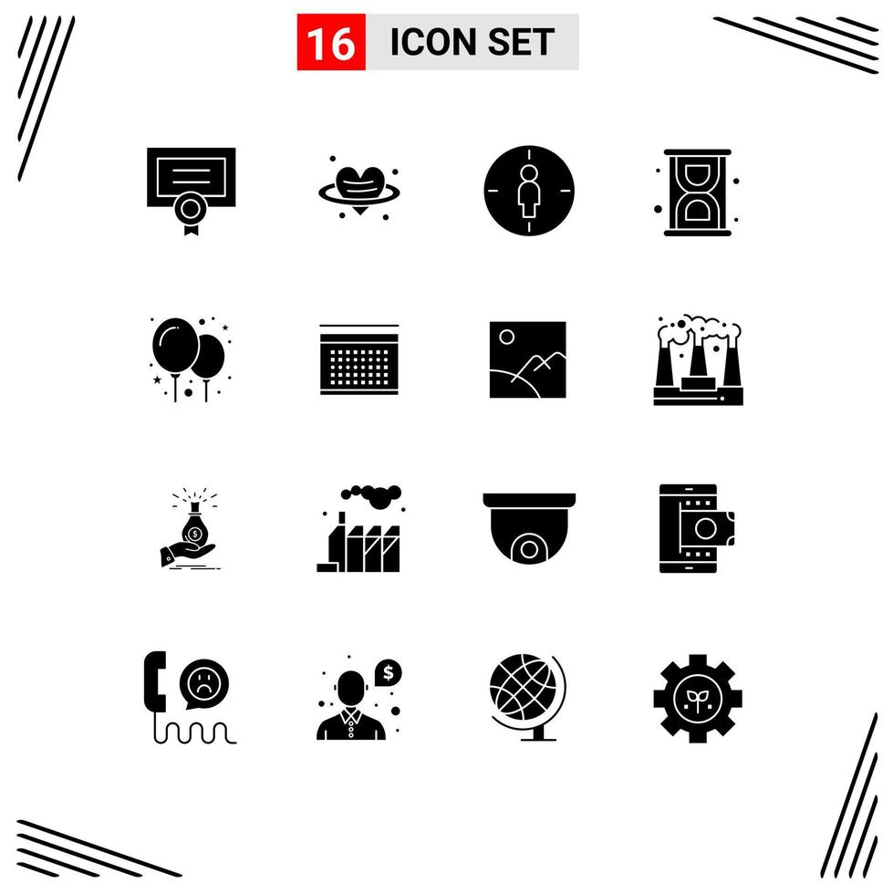 pack de glyphes solides de 16 symboles universels d'éléments de conception vectoriels modifiables de sablier de productivité d'homme de ballon de fête vecteur