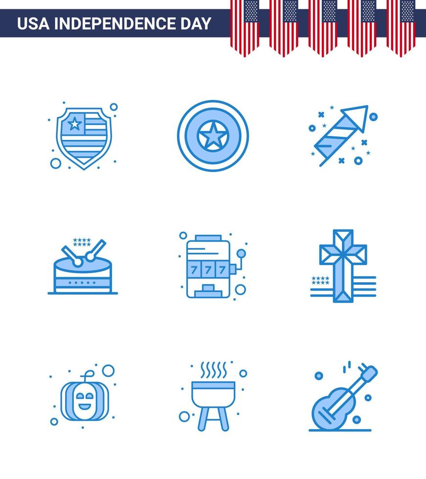 joyeux jour de l'indépendance 9 pack d'icônes de blues pour le web et l'impression machine à sous casino festivité parade instrument modifiable usa day vector design elements