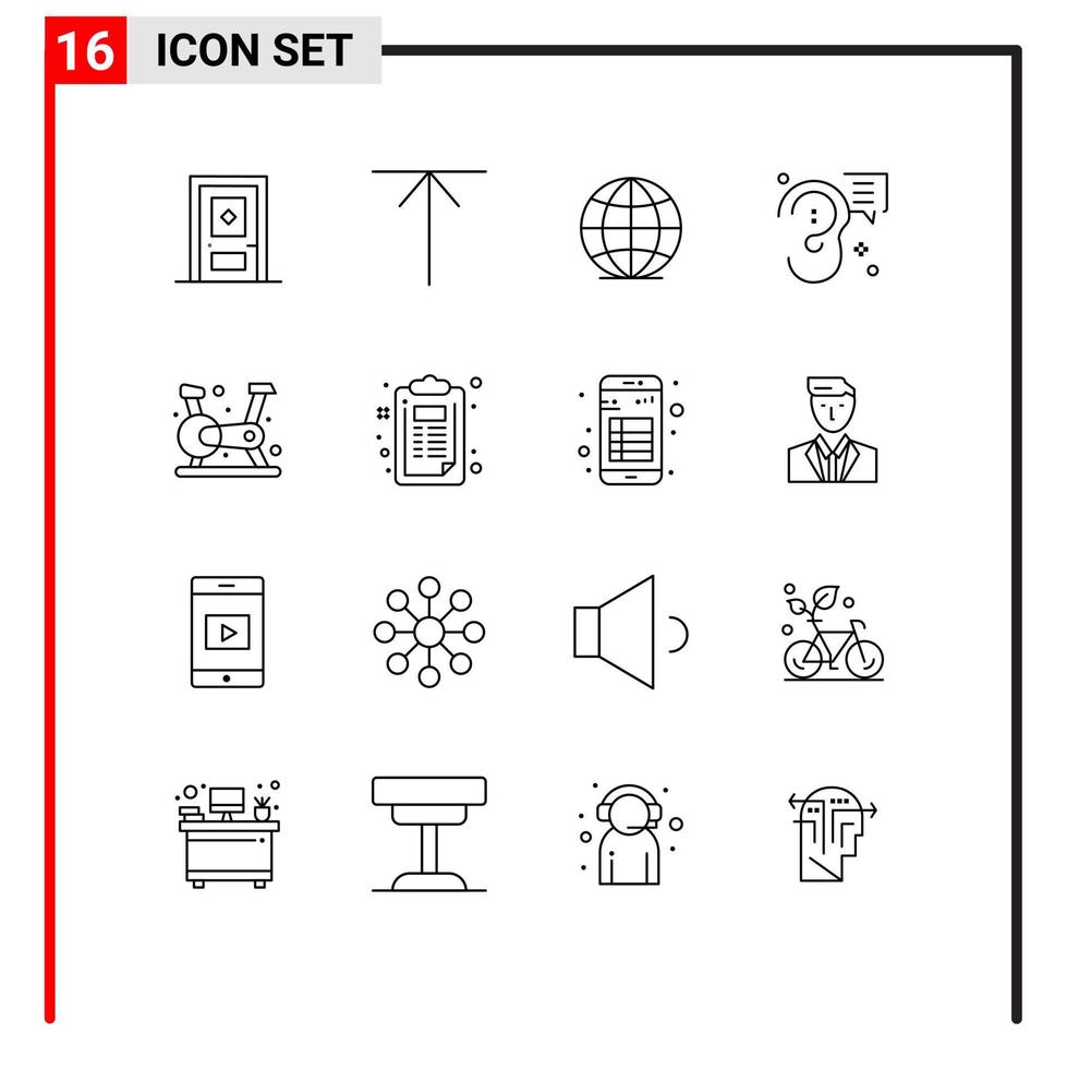 16 contours universels définis pour les applications web et mobiles fitness cyclisme globe message oreille éléments de conception vectoriels modifiables vecteur