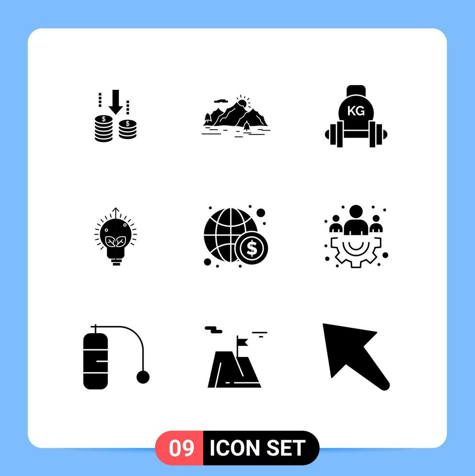 pack de 9 signes et symboles de glyphes solides modernes pour les supports d'impression web tels que l'idée lumineuse arbre succès kettlebell éléments de conception vectoriels modifiables vecteur