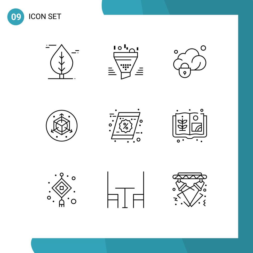 ensemble de pictogrammes de 9 contours simples d'éléments de conception vectoriels modifiables à l'échelle de conception de données de coupon cadeau vecteur