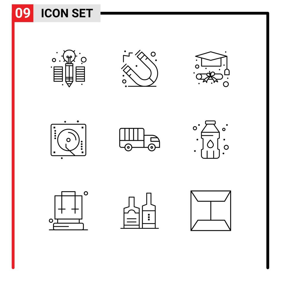 pack de lignes vectorielles modifiables de 9 contours simples d'éléments de conception vectoriels modifiables de fête de camion de bouchon de graduation de transport de bouteille vecteur