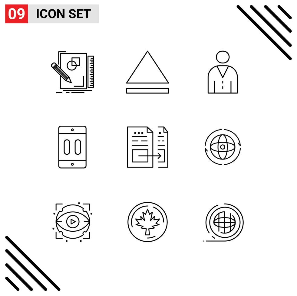 ensemble de pictogrammes de 9 contours simples d'éléments de conception vectoriels modifiables d'interface de pause de données d'appareil mobile vecteur