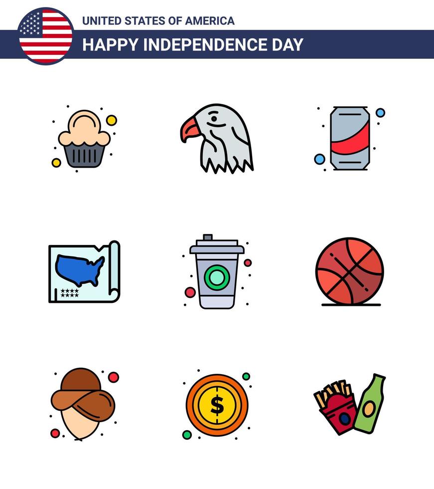 joyeux jour de l'indépendance 9 lignes plates remplies pack d'icônes pour le web et l'impression cola usa bière unie carte modifiable usa day vector design elements