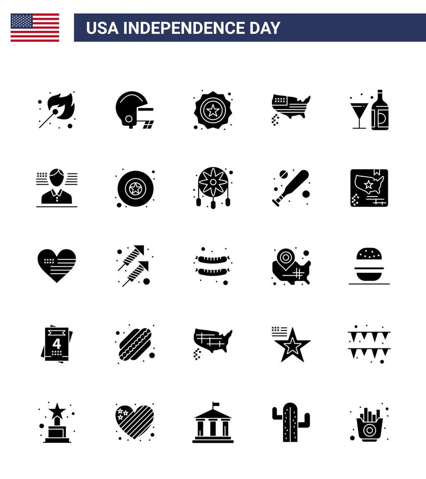 usa joyeux jour de l'indépendance ensemble de pictogrammes de 25 glyphes solides simples de sécurité des boissons américaines carte des états-unis modifiable éléments de conception de vecteur de jour des états-unis