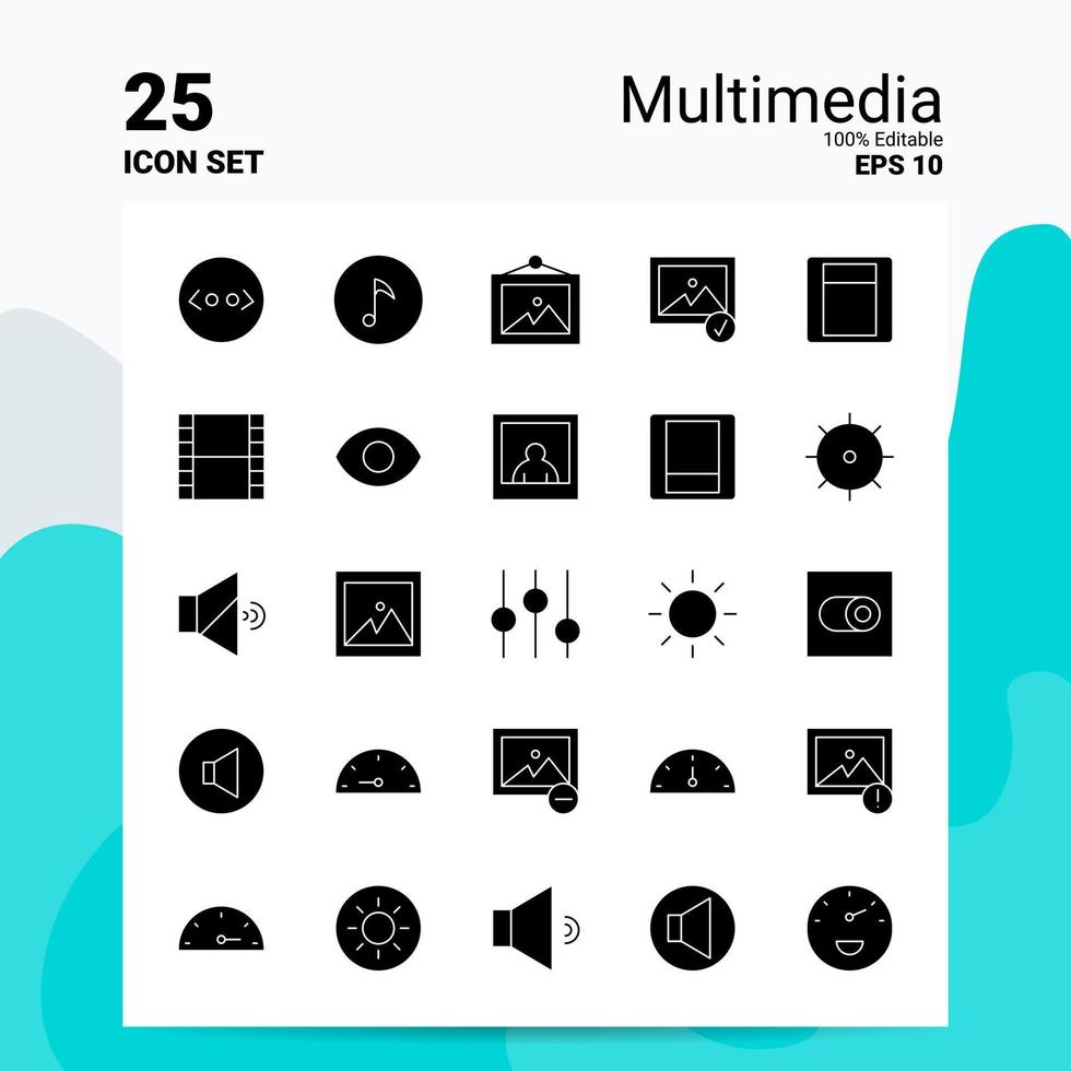 25 jeu d'icônes multimédia 100 fichiers eps modifiables 10 idées de concept de logo d'entreprise conception d'icône de glyphe solide vecteur